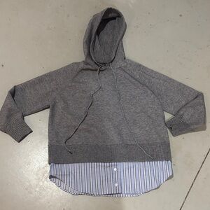 Central Park West Gray Hooded Sweater with Blue Striped Hem